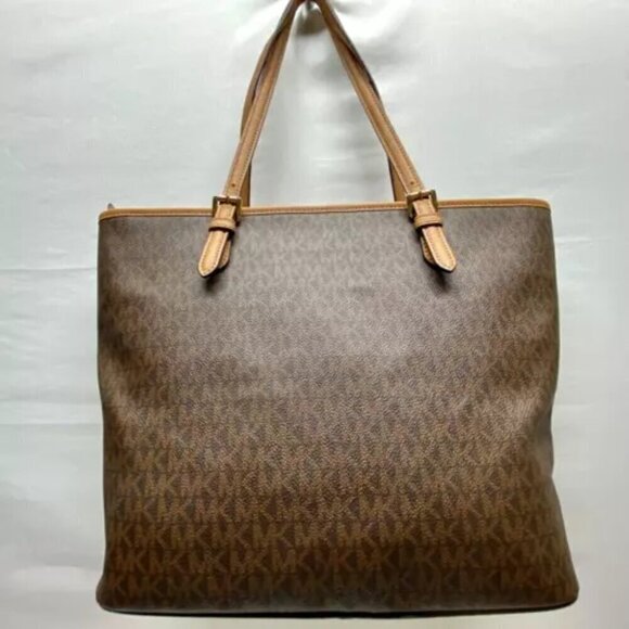 Michael Kors Jet Set Signature Leather PVC Large Snap Pocket Tote Brown on Brown - Picture 2 of 16